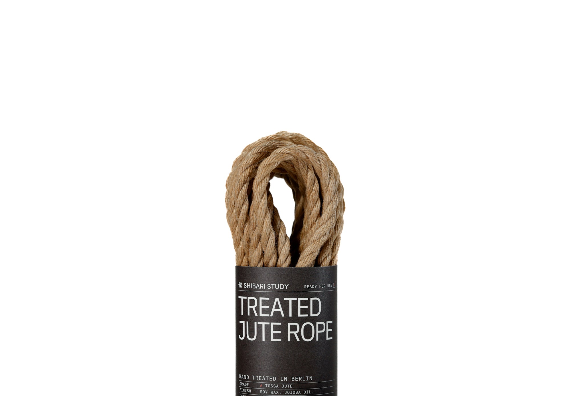 Treated jute rope on a white background with a label.