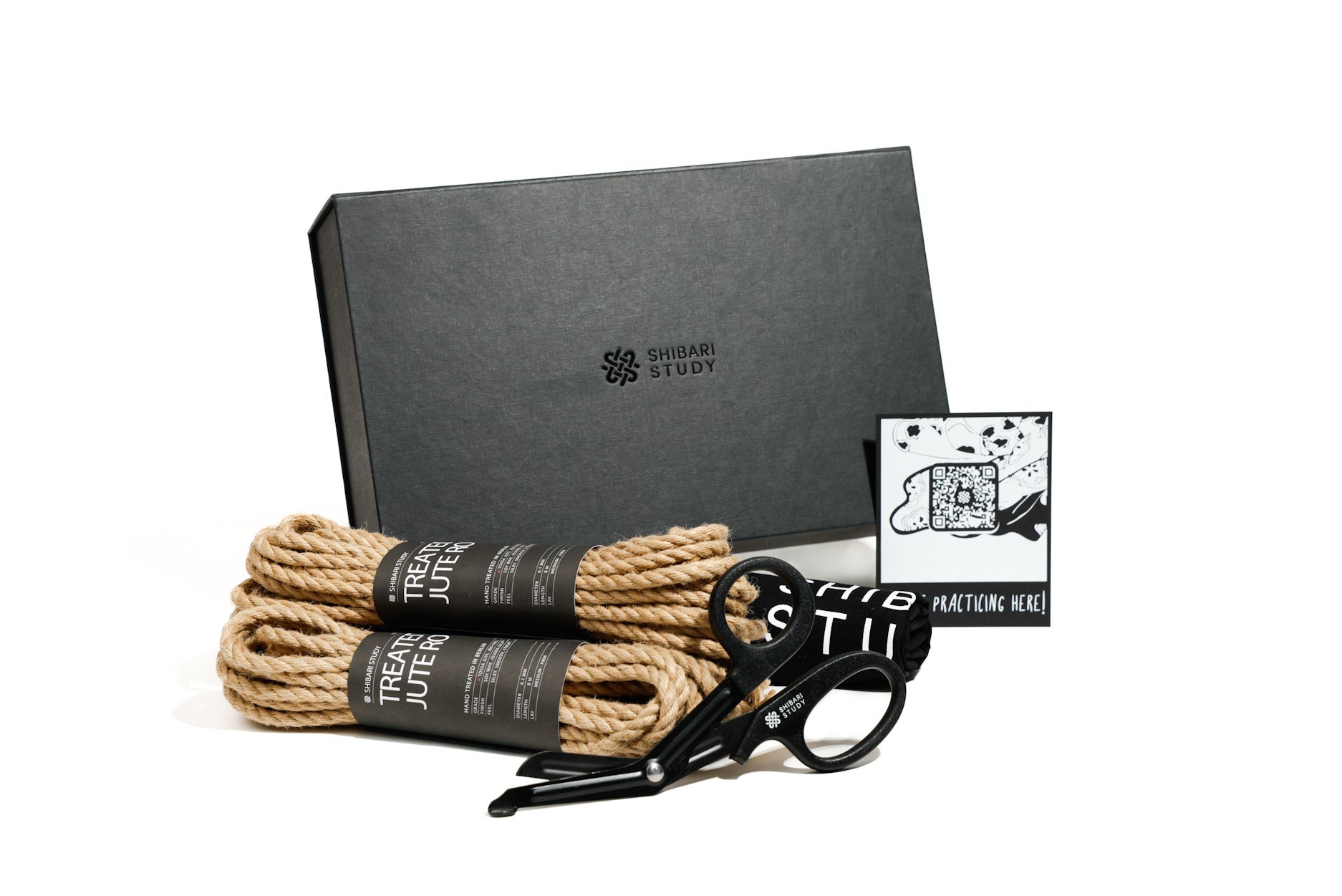 Beginner Box with treated jute ropes, a card, shears and a draw string bag.