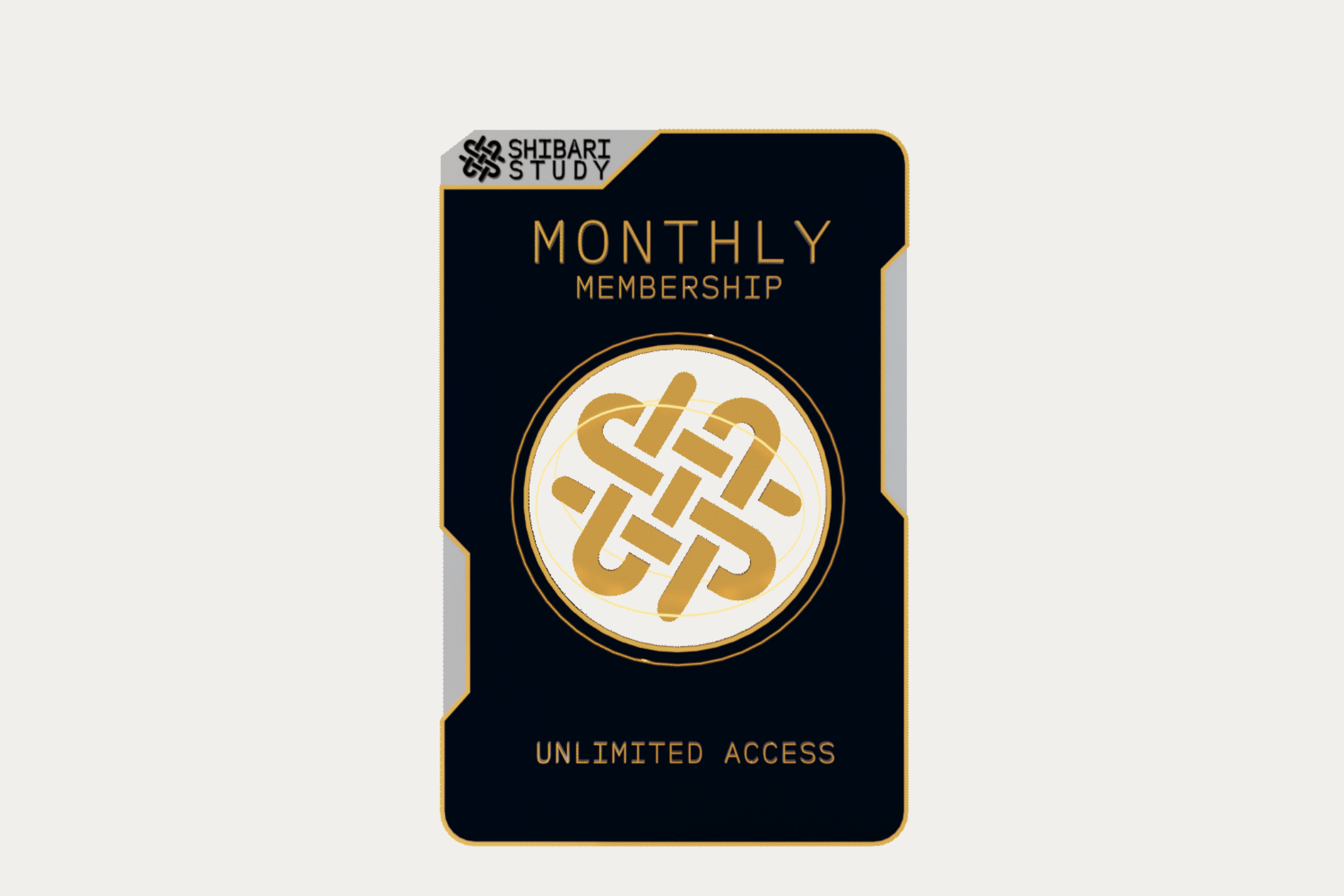 Black and gold membership card with 'Shibari Study' branding on a white background