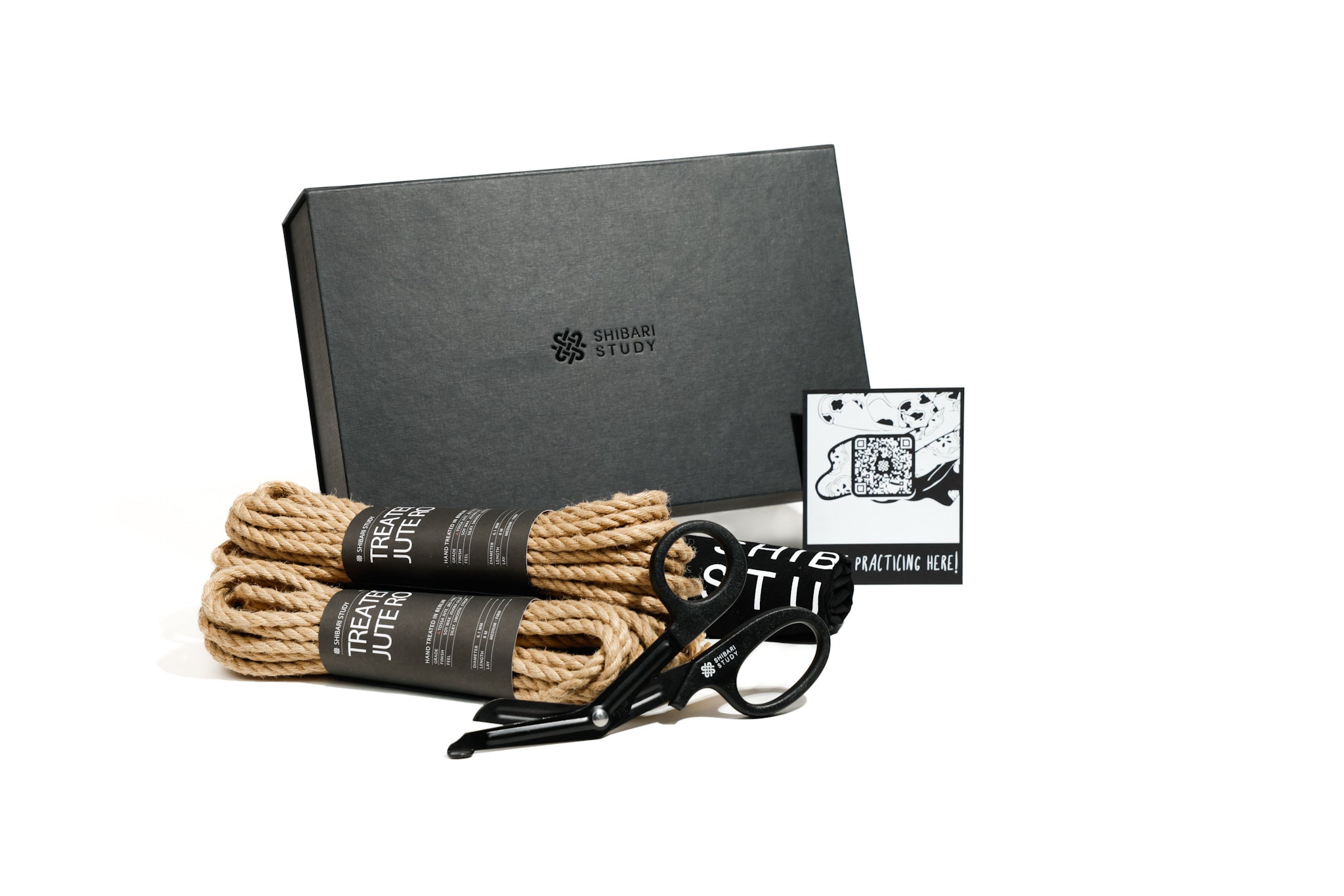 Beginner Box with treated jute ropes, a card, shears and a draw string bag. 