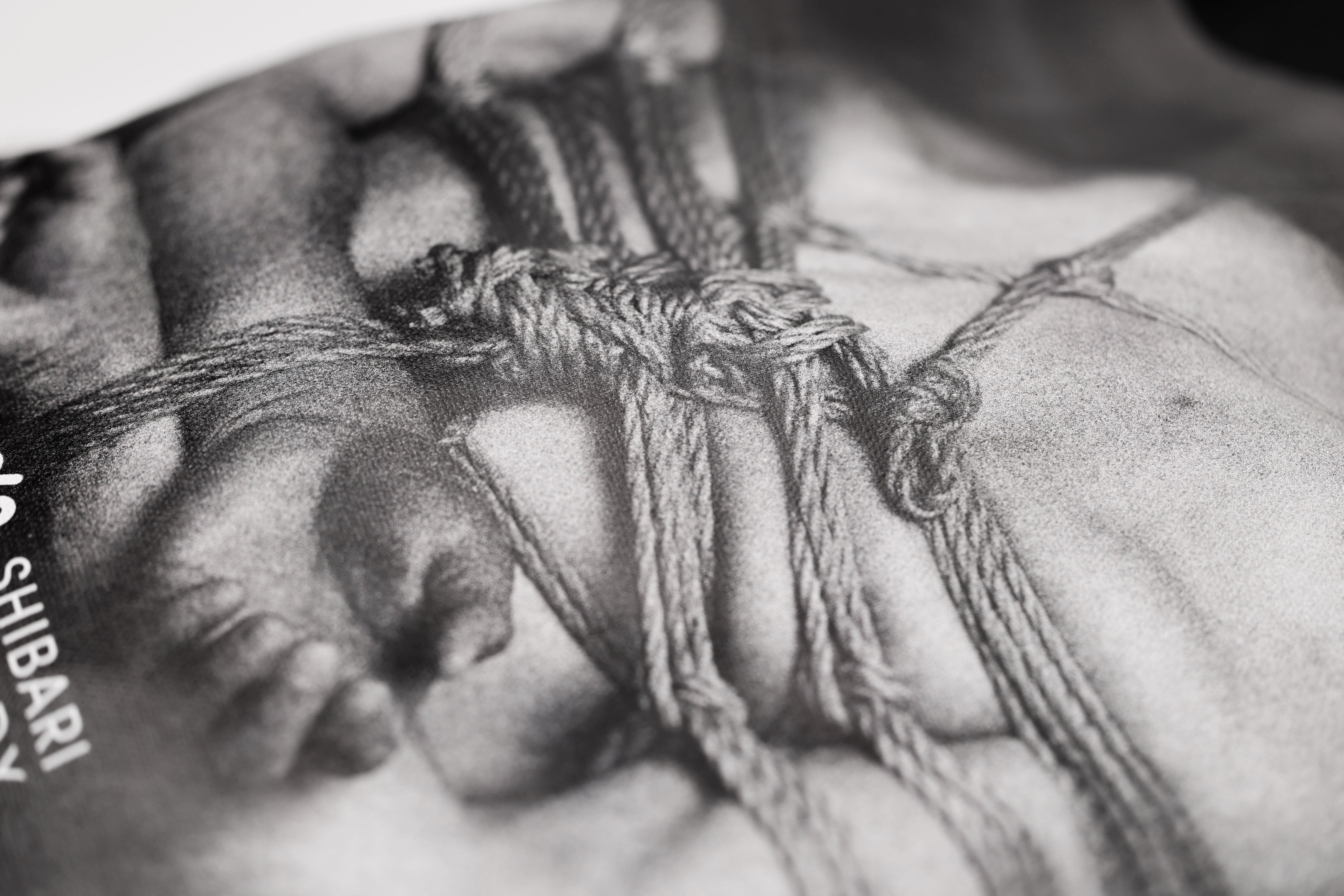 Person bound with rope, with 'Shibari' text visible